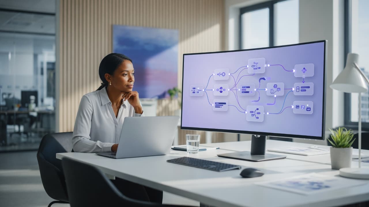 Business professional reviewing an AI agent workflow on a laptop and monitor