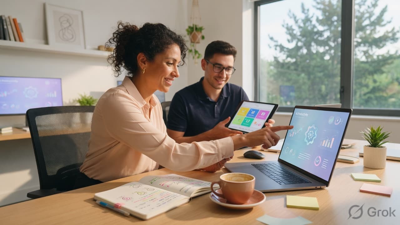 Small business team reviewing AI tools in a modern office