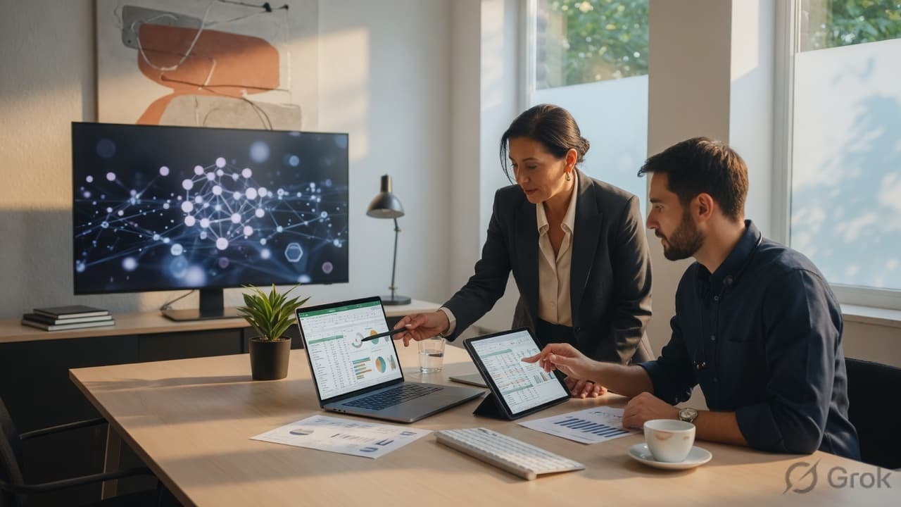 Business leaders reviewing an AI development cost estimate in a modern office