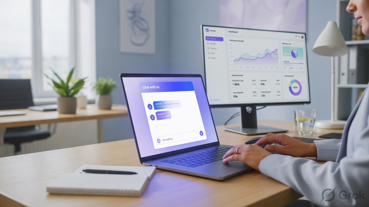 Business professional reviewing a website AI chatbot and conversation insights