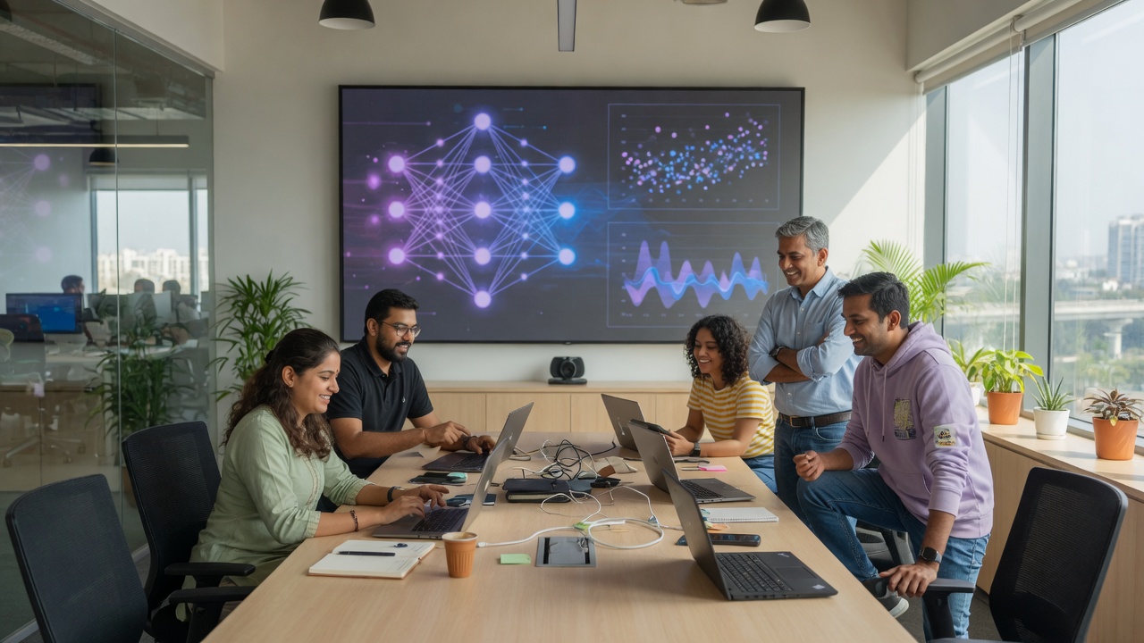 AI development team collaborating in a modern Ahmedabad technology office