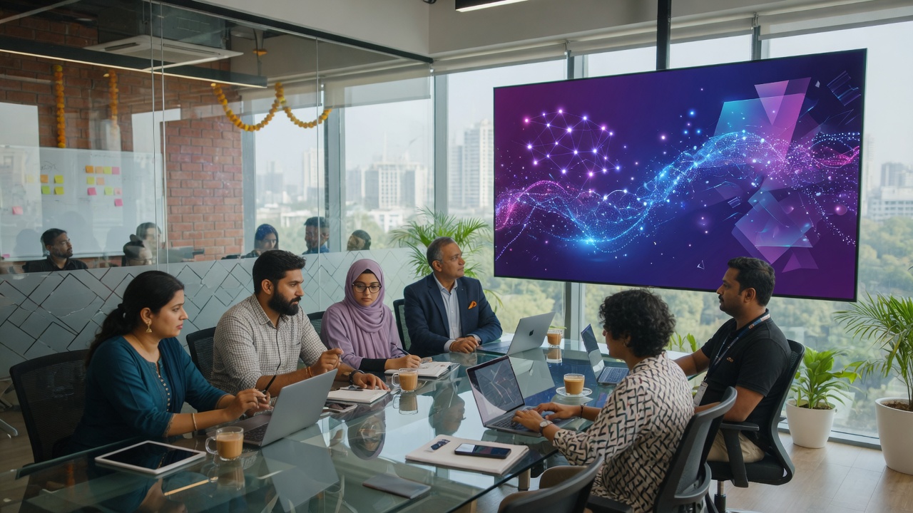 Business leaders evaluating AI development strategy in a modern Ahmedabad office
